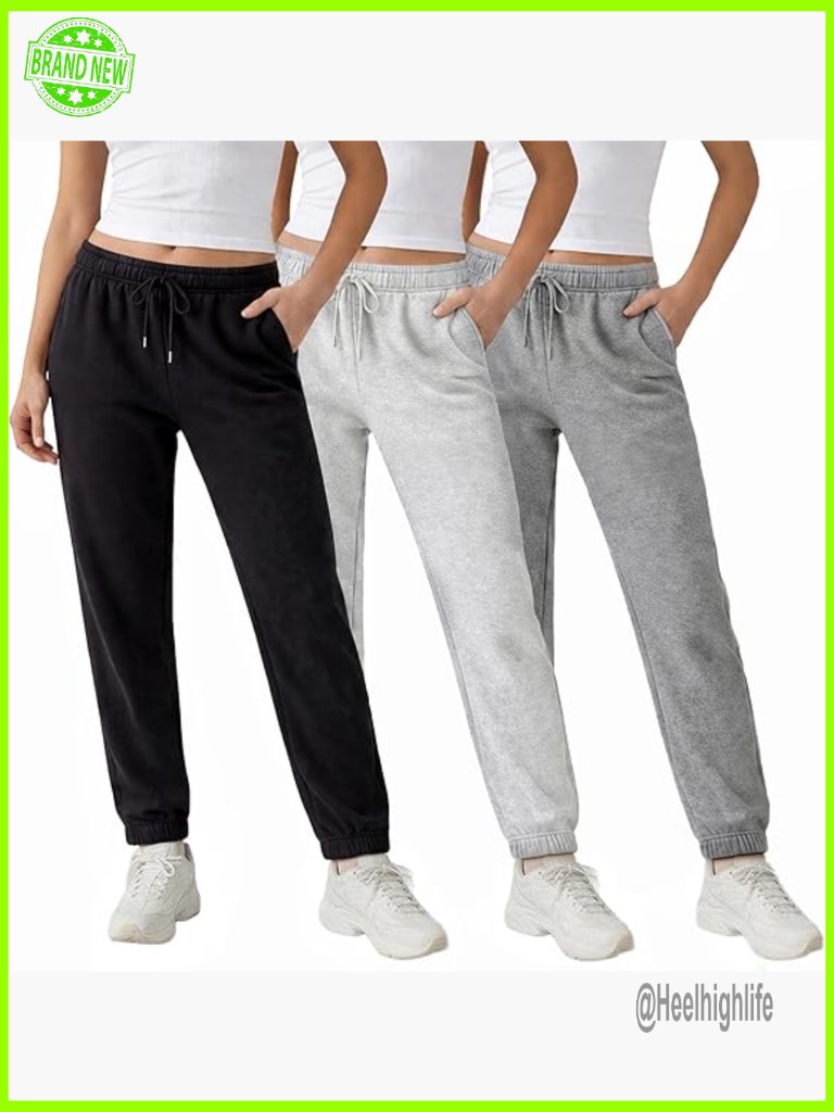 3 Pack Fleece Joggers With Pockets, Elastic Cuff, Drawcord Waist